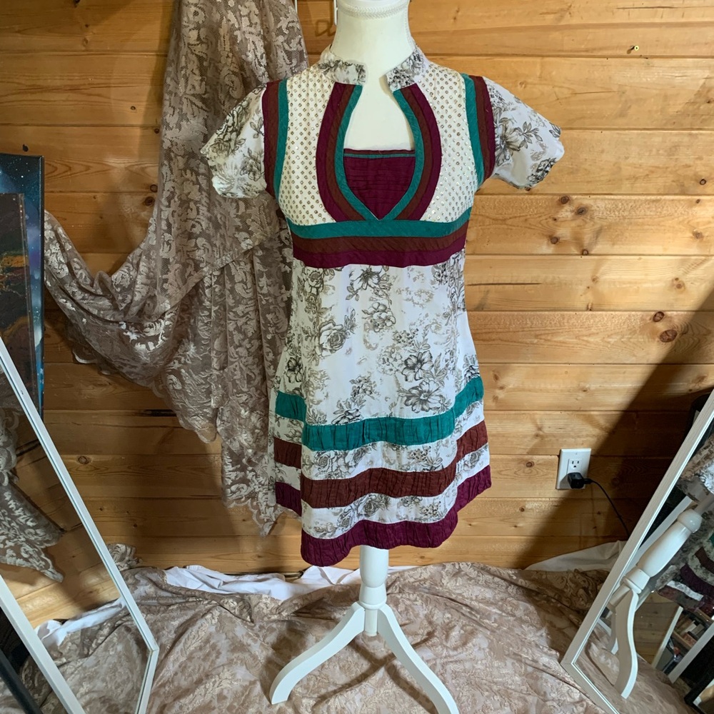 Burgundy Teal Floral Mini Dress Asian‎ Austrian Fairy Sequins Sparkle Granny